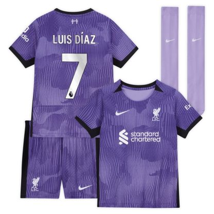 Fodboldtøj Børn Liverpool Tredjetrøje 2023/24 Kortærmet + korte bukser Luis Díaz 7