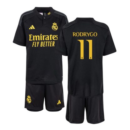 Fodboldtrøjer Børn Real Madrid 2023/24 Tredjetrøje Sort Kortærmet Kit Rodrygo 11