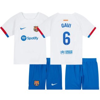 Gavi 6 Barcelona Udebane trøje børn 2023-2024 Hvid Kortærmet + blå Korte bukser