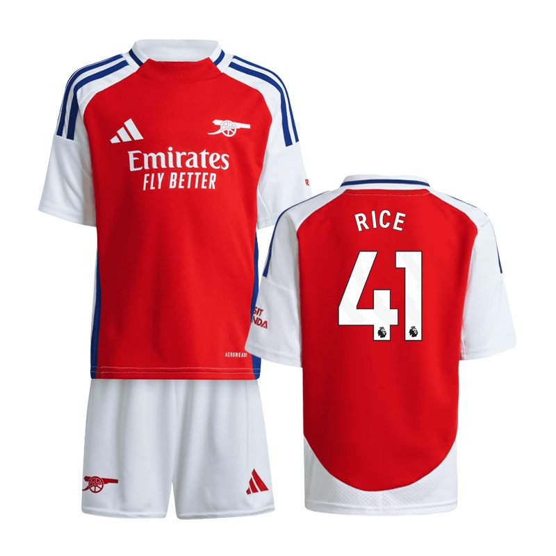 Arsenal FC 2024/25 hjemmebanetrøje og shorts til børn med Rice 41 tryk